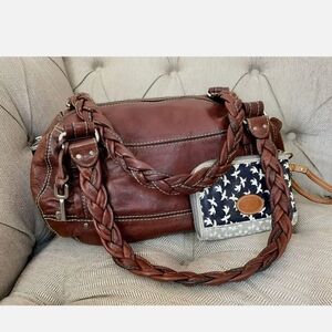 🥳HP🥳 Fossil Braided Leather Tote Purse Hobo&Wristlet Brown Gold Silver